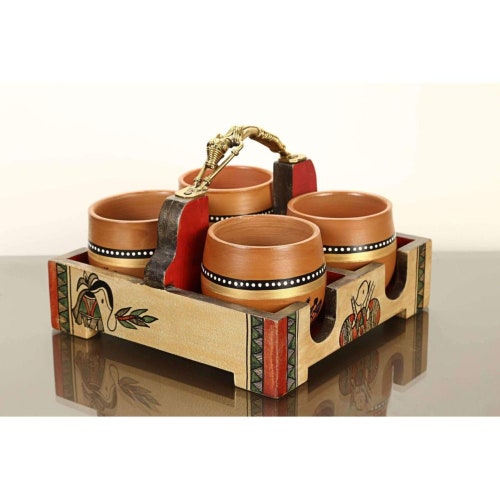 Handcrafted Wooden Tray with Kullads |Serving Tray with Kulhads| Decorative Trays With 4 shops Kulhads| Handmade Crafted Housewarming Gift