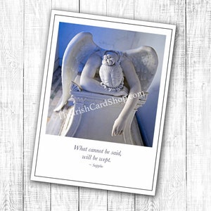 Carte de sympathie d'un ange pleureur, sympathie des anges, La Nouvelle-Orléans, Hyams Memorial, ce qui ne peut pas être dit sera pleuré, ange triste, salutation respectueuse de l'environnement