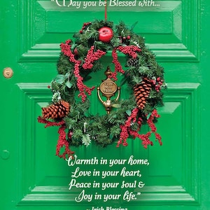 Groene deur Ierse Kerstmis, Warmte in uw huis, Ierse kerstkaart, Ierse zegen kerstkaart, Eco-vriendelijke kaarten, Ierse kerstkaart