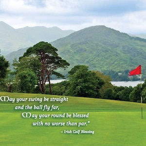 Tarjeta de cumpleaños de golf irlandés, tarjeta de golf irlandés, tarjeta de cumpleaños de Guinness, "Que tu swing sea recto y la pelota vuele lejos" "No peor que par"