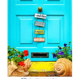 Felices para siempre, "Que la alegría y la paz te rodeen". Tarjeta de boda irlandesa con puerta, La alegría y la paz te rodean, tarjeta de boda irlandesa con puerta azul