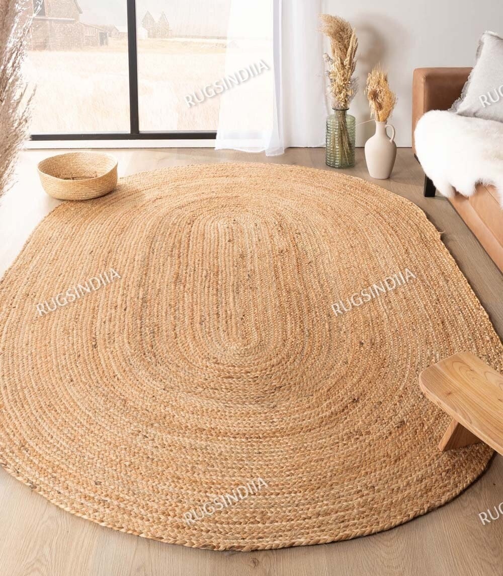 Oval Braided Jute Rug in Cream White, Grey, Black, Navy Blue