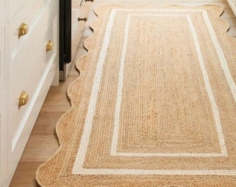 Alfombra de yute Runner - Alfombra de corredor festoneada, Alfombra de vieira Boho, Alfombra de yute natural, Alfombra de yute festoneada, Alfombra de vieira de yute Sisal Runner Alfombra personalizada