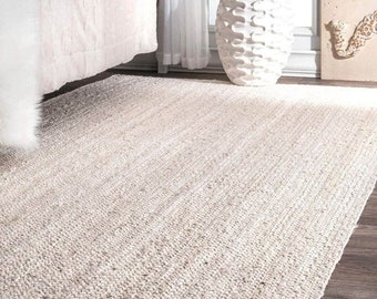 Tapis en jute blanc - carpette, tapis tressé en jute, décoration bohème, tapis en jute naturel, tapis pour chambre d'enfant, teppich blanc, tapis décoration d'intérieur, tapis personnalisé