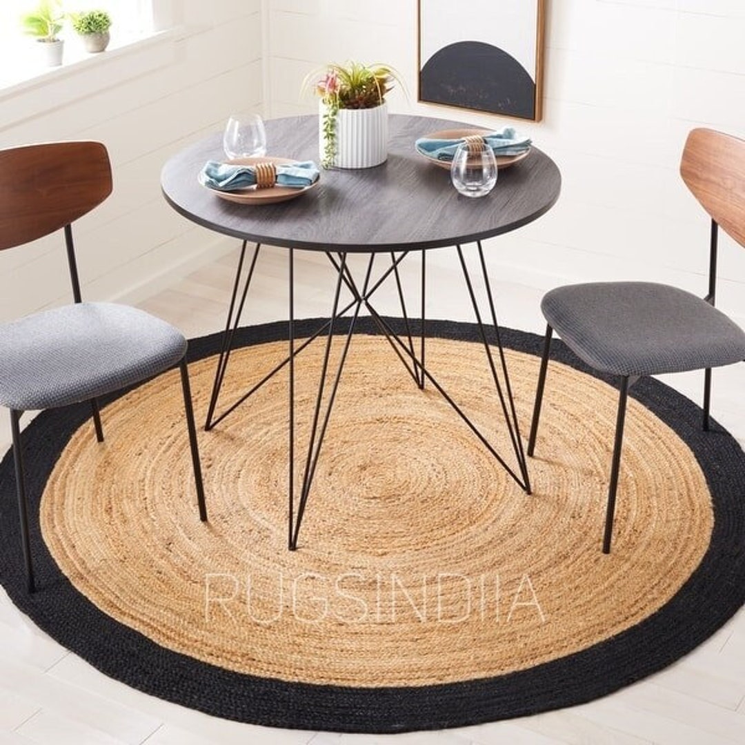 Round Jute Rug Natural Black Round Rug Boho Round Rug Etsy