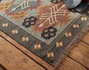 Alfombra Kilim de yute de lana tejida a mano, alfombra de yute de lana, alfombra de yute Kilim, alfombra de tejido plano, alfombra Boho, alfombra Dhurrie india, alfombra Navajo Kilim, alfombra personalizada