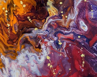 May include: Abstract painting with swirling patterns in shades of red, purple, orange, and white with gold accents.