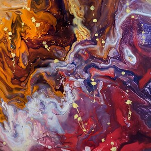 May include: Abstract painting with swirling patterns in shades of red, purple, orange, and white. The background is a dark brown color with gold flecks throughout.