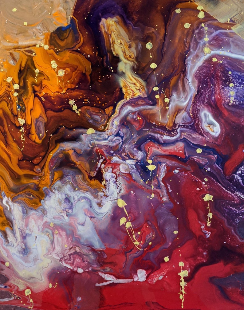 May include: Abstract painting with swirling patterns in shades of red, purple, orange, and white. The background is a dark brown color with gold flecks throughout.