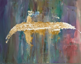 May include: Abstract painting with a thick layer of gold paint in the center, resembling a wave or a brushstroke. The background is a mix of purple, blue, green, and red.