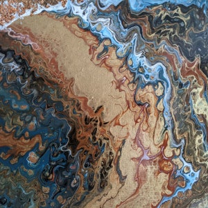 May include: Abstract painting with swirling patterns in shades of blue, brown, and gold. The painting has a textured, almost metallic look.