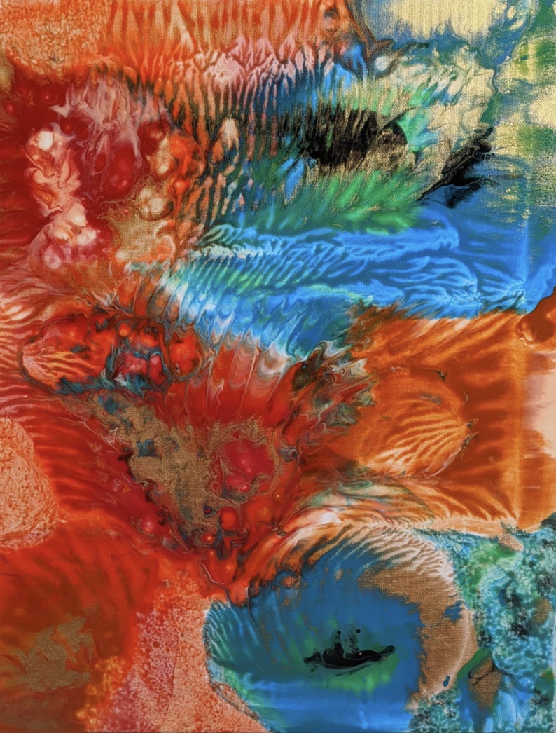 May include: Abstract painting with swirling colors of red, orange, blue, green, and gold. The colors blend and overlap, creating a dynamic and energetic composition.