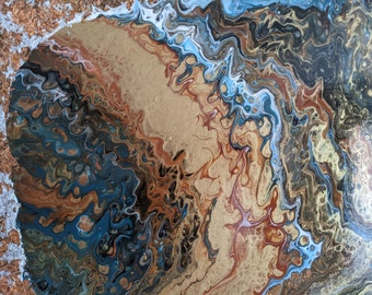 May include: Abstract painting with swirling patterns in shades of blue, gold, brown, and black. The colors blend together to create a unique and eye-catching design.