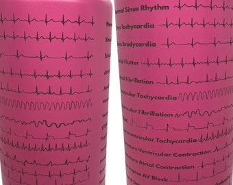 May include: Two pink stainless steel water bottles with a variety of EKG heart rhythm patterns and labels. The labels include: Normal Sinus Rhythm, Sinus Tachycardia, Sinus Bradycardia, Atrial Flutter, Atrial Fibrillation, Ventricular Tachycardia, Ventricular Fibrillation, Premature Ventricular Tachycardia, Premature Ventricular Contraction, Premature Atrial Contraction, First Degree AV Block, Second Degree AV Block Type 1 (Wenckebach), Second Degree AV Block Type 2 (Mobitz 2), Third Degree AV Block (2:1 Block), and Third Degree AV Block.