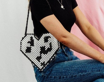 Heart Cow Print Shoulder Bag, Women Bead bag, Beaded Bag, Gift For Her ,Women Handbags, Leopard Print, Kawaii Shoulder Bag