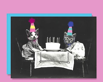 Tarjeta de cumpleaños de gato, tarjetas de felicitación divertidas, linda tarjeta de arte animal para él/ella/novio/novia/niños
