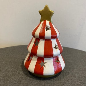 Hand painted ceramic Christmas tree tea light holder in Mackenzie Childs style