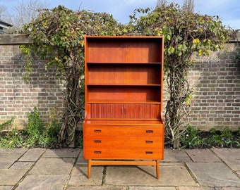 Mid Century Modern Teak Tambour Fronted Danish Secretaire Bureau With Pull Out Desk 1950&#39;s
