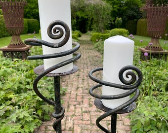 Two Vintage Large Outdoor Iron Candlesticks