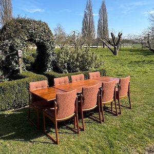 Mid Century Modern Danish teak dining set eight teak dining chairs by  Vendrup Stolefabrik and a large dining table by A M Moller