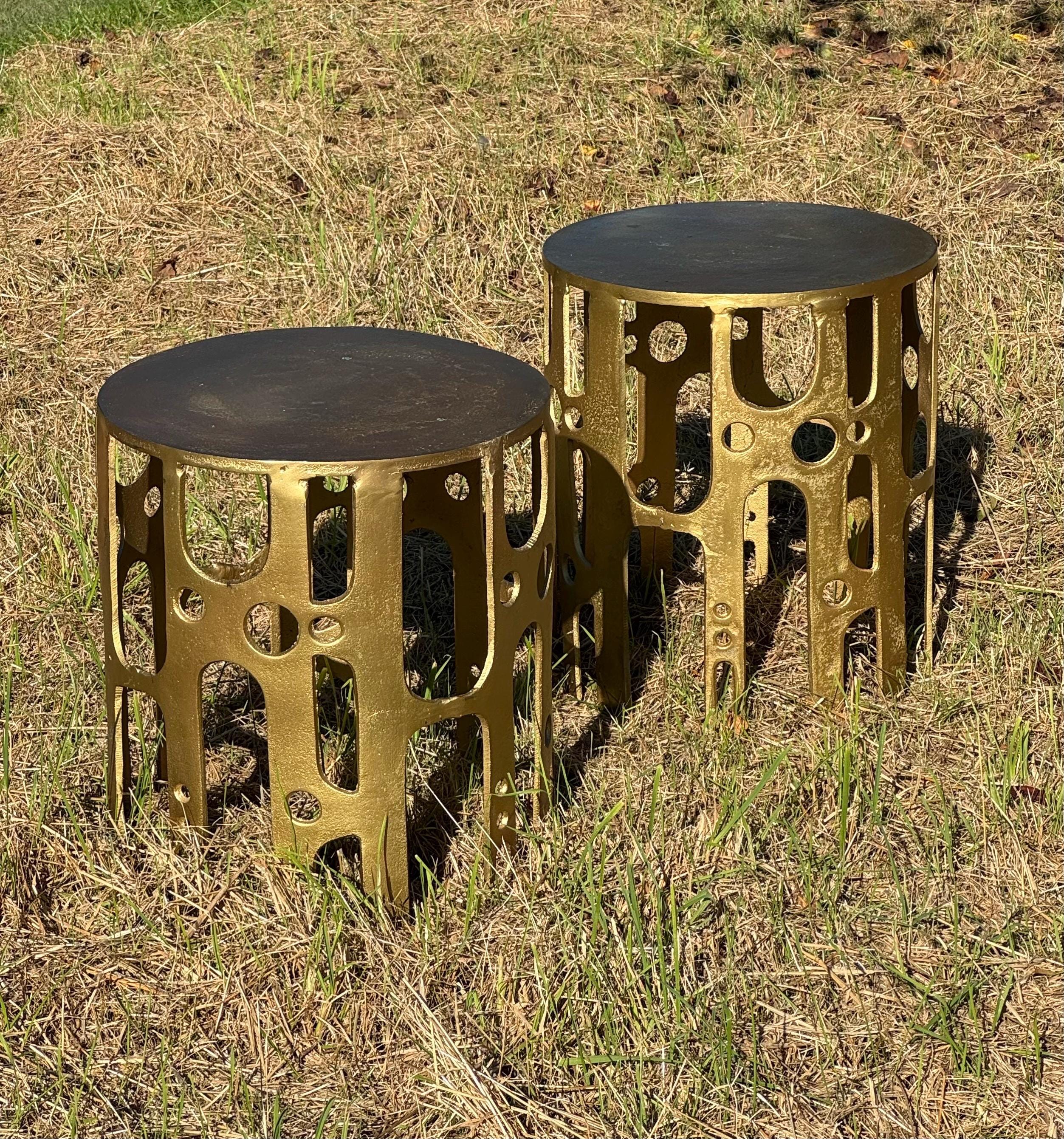 Mid Century Modern Brutalist Hollywood Regency Pair of Gilt Metal Side ...