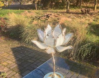 Mid Century Modern Vintage Hollywood Regency White Glass Lotus Flower Table Lamp With A Slight Green Tinge