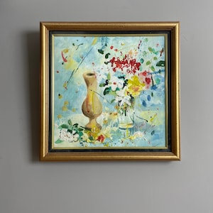 Wundervolles modernes Ölgemälde aus der Mitte des Jahrhunderts mit Blumen in einer Vase / Kunst