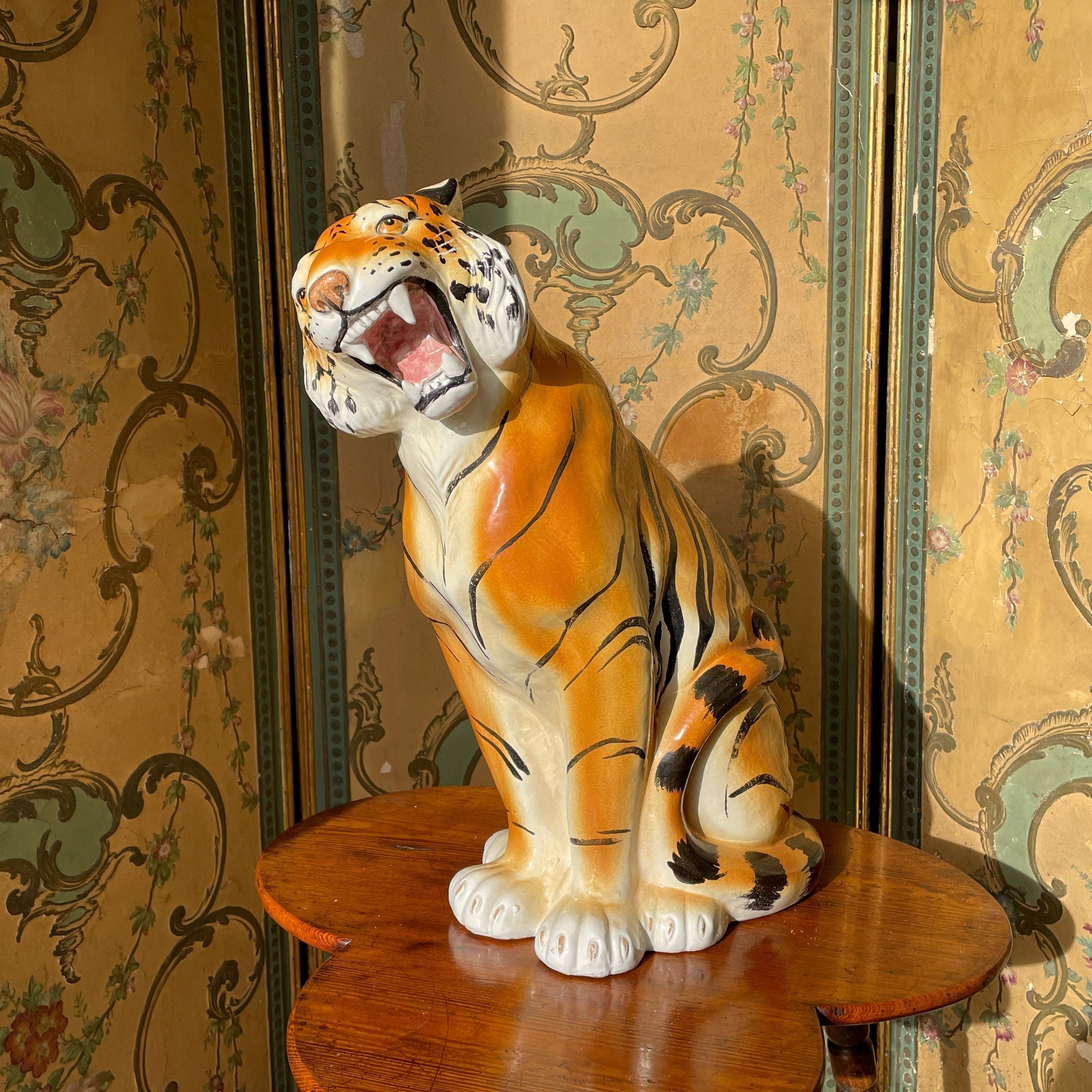 Vintage Large Leather Wrapped Whimsical Tiger Decorative Statue