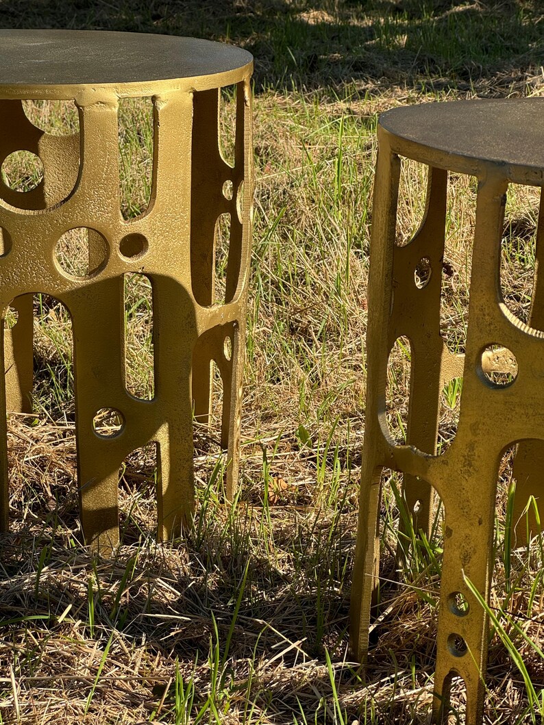 Mid Century Modern Brutalist Hollywood Regency Pair of Gilt Metal Side ...