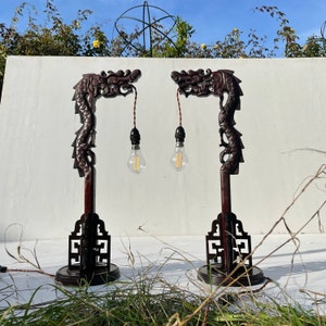 A Pair Of Antique Hand Carved Hardwood Oriental Dragon Table Lamps 1920&#39;s