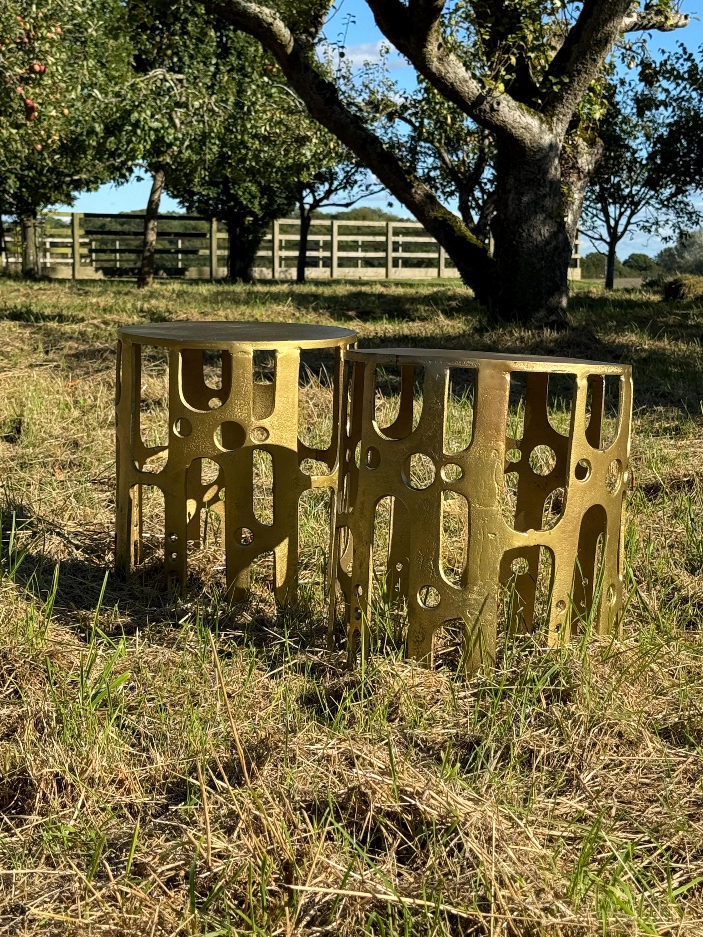 Mid Century Modern Brutalist Hollywood Regency Pair of Gilt Metal Side ...