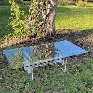 Puede incluir: Una mesa de centro rectangular con una tapa de cristal transparente y patas de acrílico transparente. La mesa está sobre un césped con un árbol al fondo. La mesa mide aproximadamente 122 cm de largo y 61 cm de ancho.