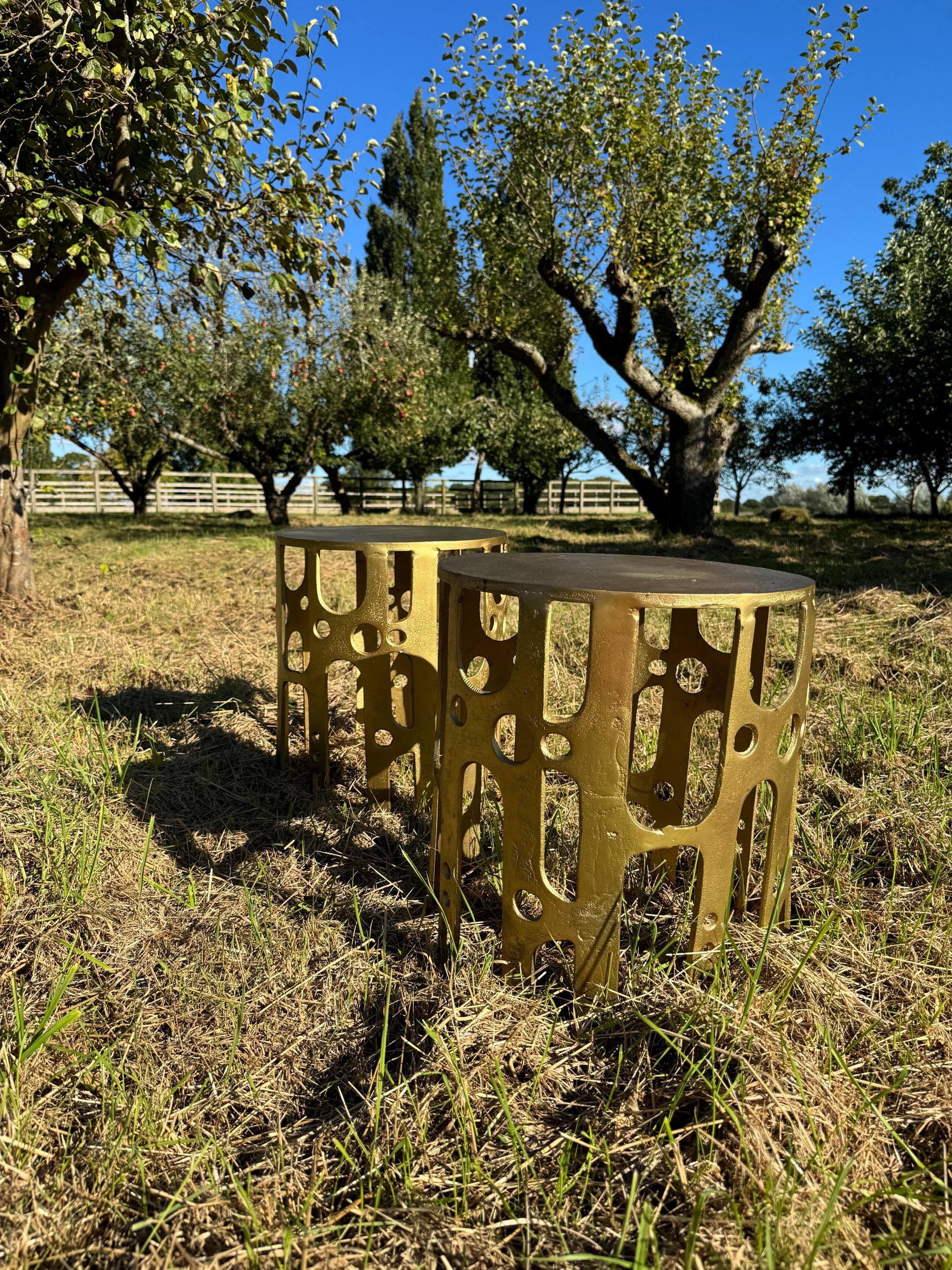 Mid Century Modern Brutalist Hollywood Regency Pair of Gilt Metal Side ...