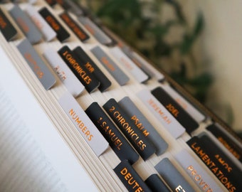 Può includere: Un libro con linguette indice che si alternano tra grigio chiaro e grigio scuro fissate ai bordi delle pagine. Ogni linguetta presenta scritte in lamina d'oro che identificano vari libri della Bibbia, tra cui Deuteronomio e Numeri.