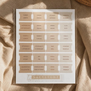 May include: A sheet of adhesive Bible index tabs in various shades of beige and tan. The tabs are arranged in six rows and four columns, each labeled with the names of Old Testament books. At the bottom, the text reads SALTLIGHT and a quote.