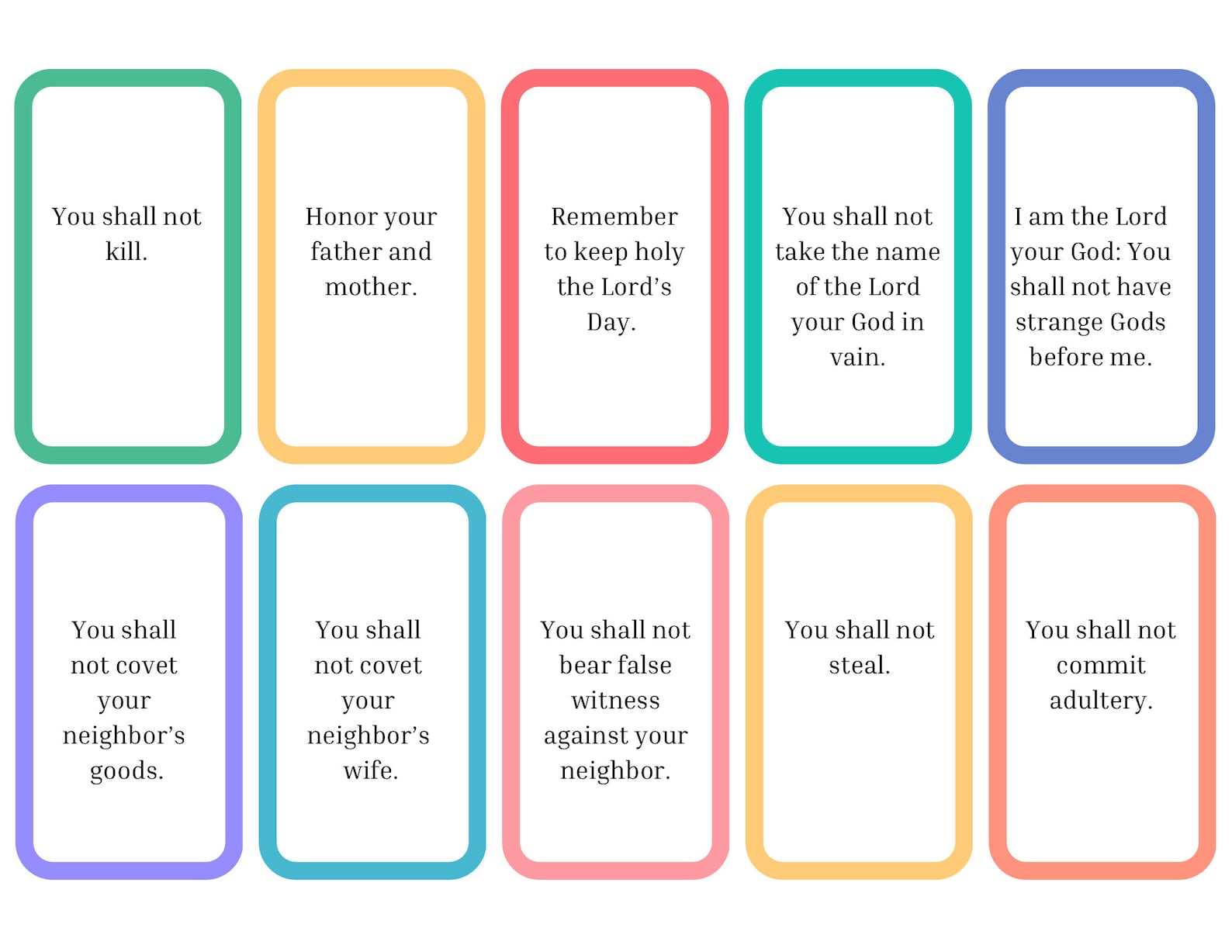 Catholic Ten 10 Commandments Flashcards Printable Homeschool, Vacation