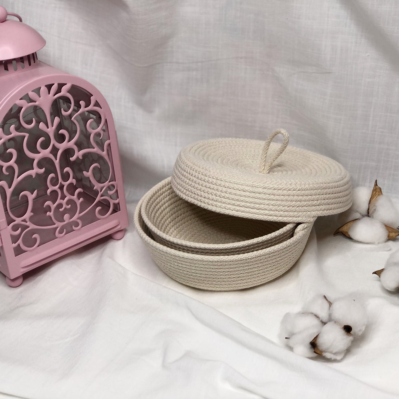 Baskets with lid set small round woven storage decorative Etsy