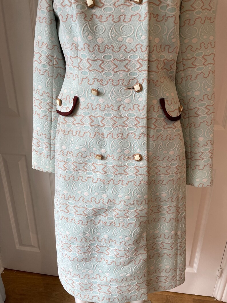 Morvic 1960s Jackie Kennedy Style Double Breasted Jacket / Coat Beautiful Pale Blue and Brown Vintage Coat Retro Formal Fashion image 5