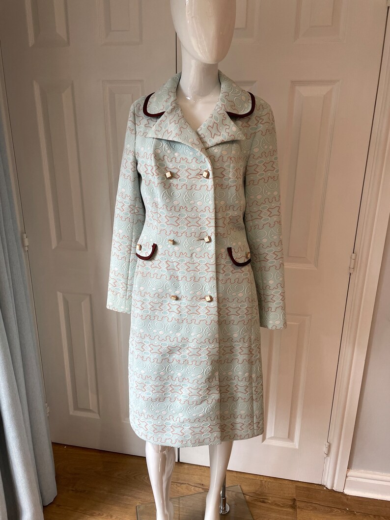 Morvic 1960s Jackie Kennedy Style Double Breasted Jacket / Coat Beautiful Pale Blue and Brown Vintage Coat Retro Formal Fashion image 1