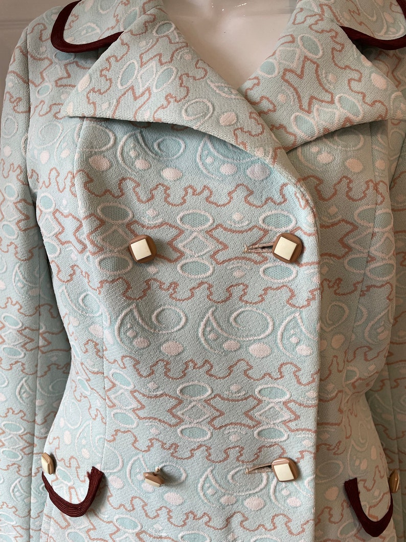 Morvic 1960s Jackie Kennedy Style Double Breasted Jacket / Coat Beautiful Pale Blue and Brown Vintage Coat Retro Formal Fashion image 2