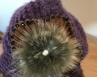 Beautiful purple crochet hat with fur; winter hat, vintage 1970s