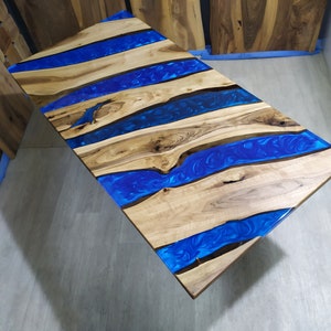 Custom Epoxy Dining Table, Modern Epoxy River Conference Table, Narrow Walnut Wood Dining Table Top, Handmade Furniture with Solid Wood Slab