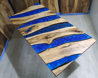 Custom Epoxy Dining Table, Modern Epoxy River Conference Table, Narrow Walnut Wood Dining Table Top, Handmade Furniture with Solid Wood Slab