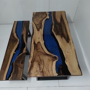Custom Live Edge Wood & Epoxy River Dining Table with Bench