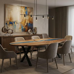 May include: A modern dining room featuring a large wooden table with a blue resin inlay, surrounded by upholstered chairs. A wooden sideboard and abstract artwork complete the elegant setting. A black light fixture hangs above the table.