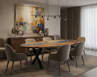 Tavolo da pranzo ovale - Tavolo da pranzo in legno ed epossidico, moderno tavolo da pranzo lungo in legno con piano in resina epossidica