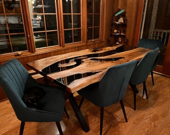 Custom Epoxy Live Edge Dining Table, Epoxy Dining Room Table with Solid Walnut Wood - Modern Handmade Epoxy Resin Furniture