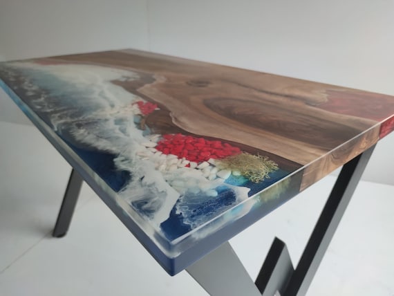 Custom Ocean Epoxy Coffee Table: Live Edge Wood & Resin