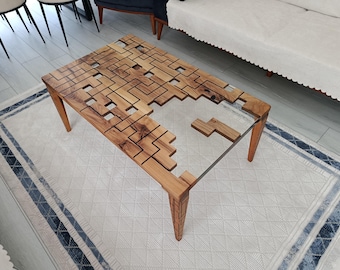 Pentomino Walnut Coffee Table, Geometric Epoxy Resin Center Table, Retro Puzzle Cocktail Table