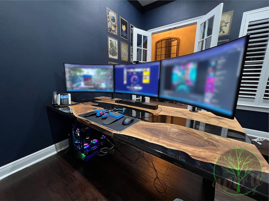 モダンなライブエッジ木製コンピューターデスク（ホームオフィス用